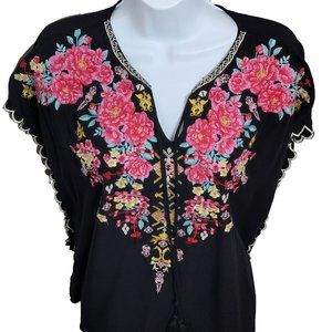 April Sky Women's Size Small Black Peasent Top, Gorgeous Floral Embroidery EUC